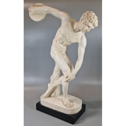 69 - 'Dicobolo', statue of a nude Greek athlete throwing the discus. Cast resin on wooden plinth. 48cm hi... 