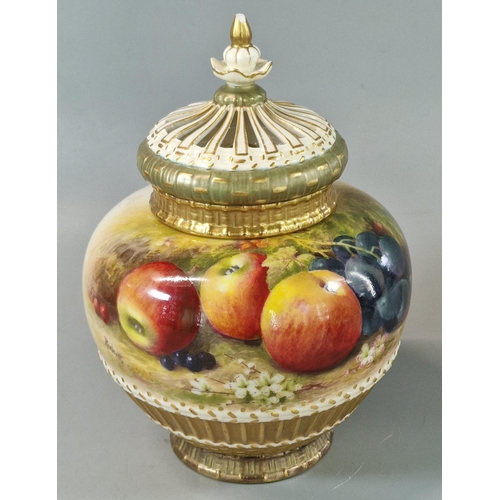 8 - Royal Worcester porcelain Fallen Fruits potpourri vase with inner lid and outer pierced cover with b... 