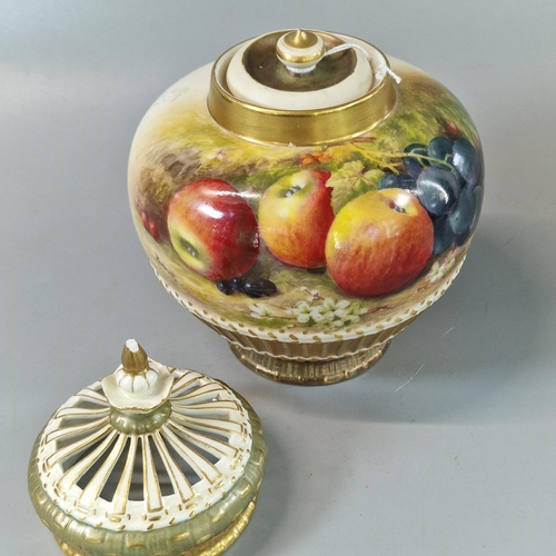 8 - Royal Worcester porcelain Fallen Fruits potpourri vase with inner lid and outer pierced cover with b... 