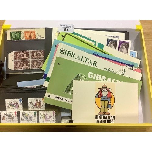 85 - box file with all world selection of mint and used stamps on cards, in packets plus various covers. ... 