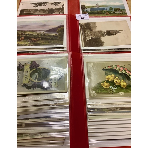 86 - Postcards selection in three red albums, topographical, greetings etc. (B.P. 21% + VAT)