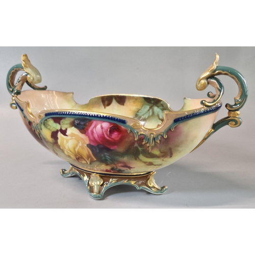 9 - Royal Worcester boat shaped vase with twin scrolling handles on pedestal base, hand-painted with ros... 