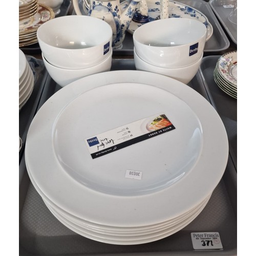 371 - Two trays of modern 'White' by Denby mainly dinner ware items including: plates, bowls and baluster ... 