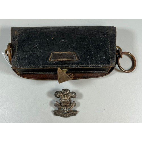 108 - 19th century Military leather pouch with brass fittings, inscribed internally 'G Coy Welsh Regiment ... 