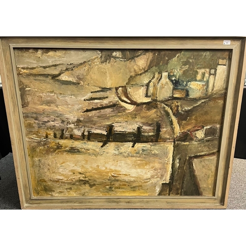 11 - Will Roberts (Welsh 1910-2000) 'Amroth' a study of the beach and settlement with groynes, signed and... 