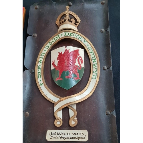 115 - An interesting and decorative collection of Welsh wooden armorials including: county badges, two Wel... 