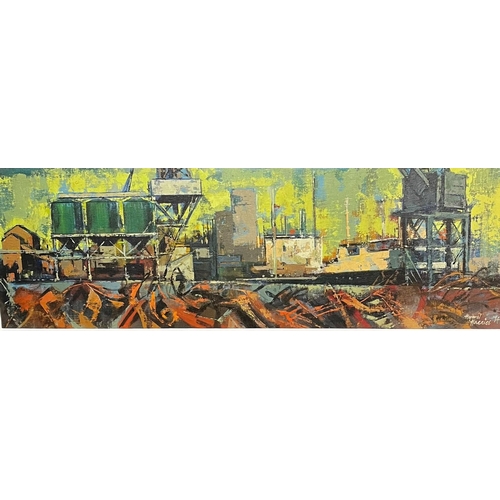 13 - Hywel Harries (Welsh 1921-1998), Cardiff Docks, an industrial scene with silos, cranes and moored ve... 