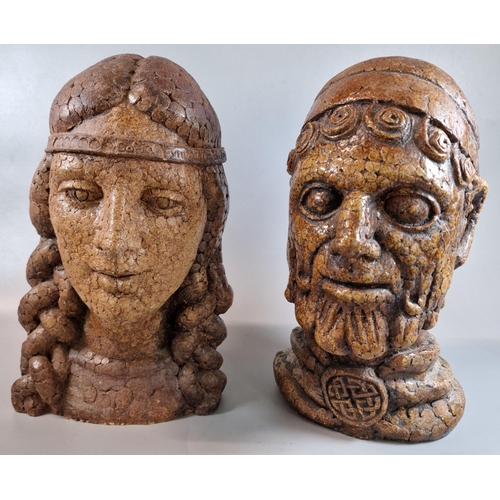 147 - Pair of modern Welsh pottery busts of Gruffydd ap Rhys (Prince of Deheubarth) and Gwenllian Ferch Gr... 