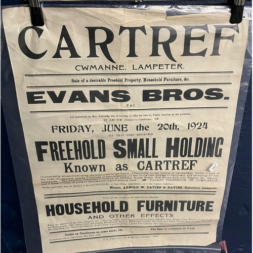 15 - Three early 20th century Welsh interest property auction posters, Evans Brothers, including properti... 