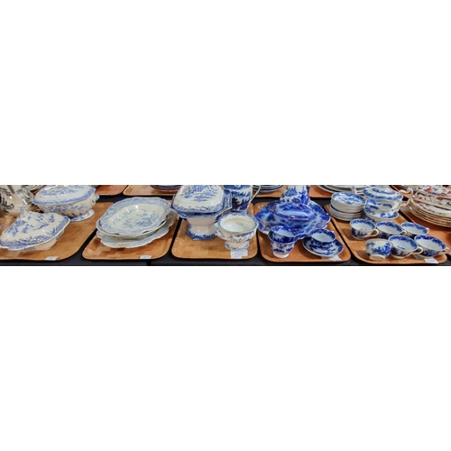 171 - Five trays of 19th century blue and white transfer printed pottery to include: 'Whampoa' part tea wa... 