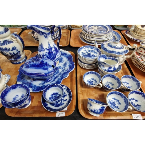 171 - Five trays of 19th century blue and white transfer printed pottery to include: 'Whampoa' part tea wa... 