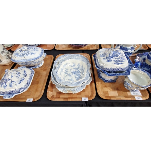 171 - Five trays of 19th century blue and white transfer printed pottery to include: 'Whampoa' part tea wa... 