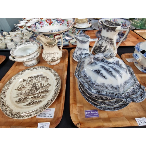 173 - Four trays of 19th century Welsh pottery to include: 'Aberdare' pattern Gaudy Welsh pedestal bowl, '... 