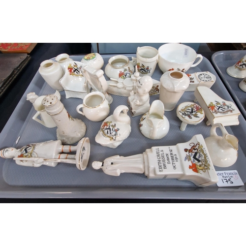 175 - Two trays of various' Llandilo' crested ware to include: battleship, rifleman, barrel, long cased cl... 