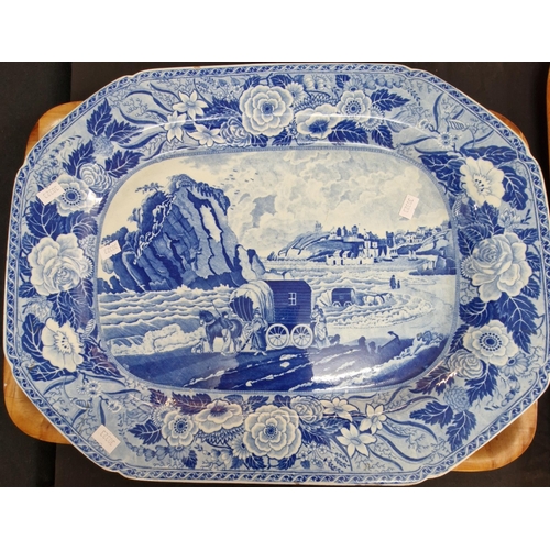 176 - 19th century blue and white transfer printed oval meat plate depicting Monks Rock in Tenby. Probably... 