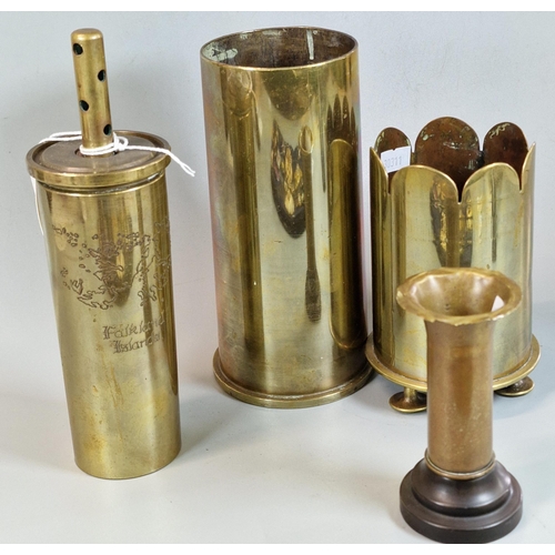 178 - Trench Art - a number of brass shell case vases and similar items, together with a Russian forage ca... 