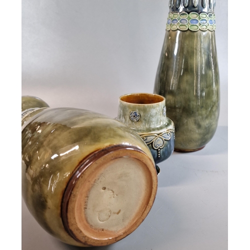 188 - Pair of early 20th century Royal Doulton stoneware vases together with another Doulton stoneware gob... 