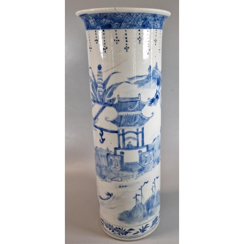 190 - 19th century Chinese export porcelain blue and white sleeve vase decorated with figures on a bridge,... 