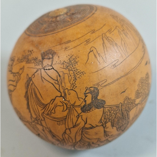 195 - Chinese carved spherical gourd decorated with Monkey and other characters from 'Journey to the West'... 