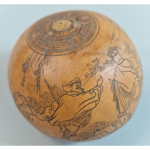 195 - Chinese carved spherical gourd decorated with Monkey and other characters from 'Journey to the West'... 