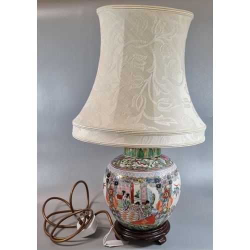 203 - Oriental Macau decorated porcelain polychrome ginger jar in Canton style now as a table lamp with fa... 