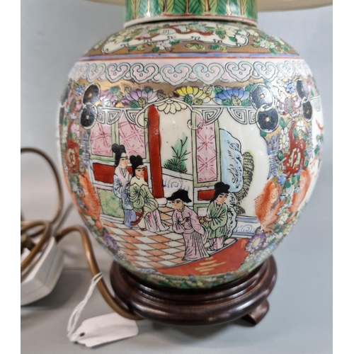 203 - Oriental Macau decorated porcelain polychrome ginger jar in Canton style now as a table lamp with fa... 