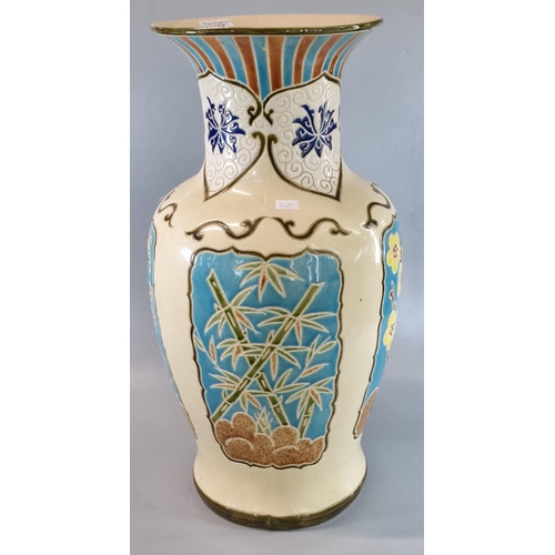 205 - Modern ceramic beige ground floor vase in Chinese style with turquoise panels of bamboo and flowers.... 