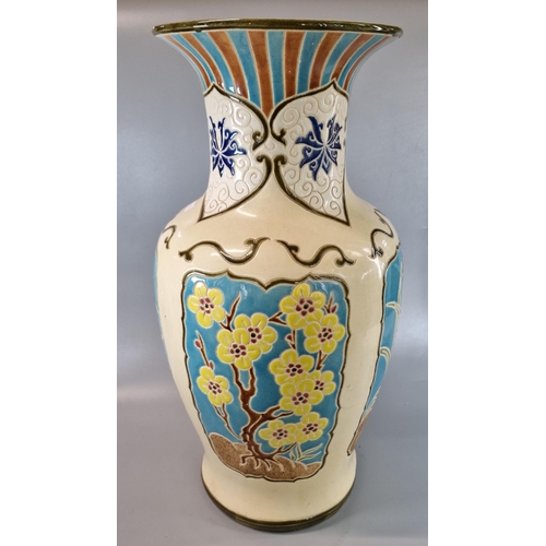 205 - Modern ceramic beige ground floor vase in Chinese style with turquoise panels of bamboo and flowers.... 