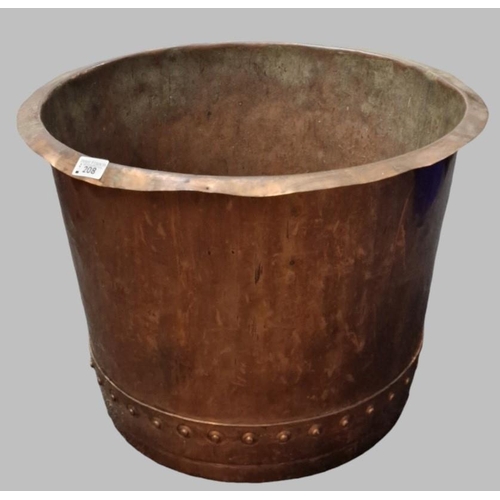 208 - 19th century copper log bin with rivetted and banded decoration. 56cm diameter approx. (B.P. 21% + V... 