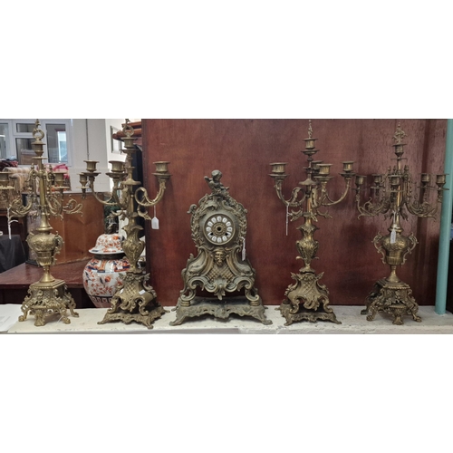 209 - 20th century French brass figural and dolphin mounted mantle clock case together with two similar pa... 