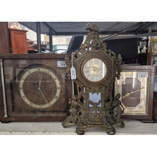 210 - Group of three assorted mantle clocks, including: walnut cased three train mid central architectural... 