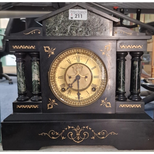 211 - Late Victorian black slate two train architectural mantel clock.  (B.P. 21% + VAT)