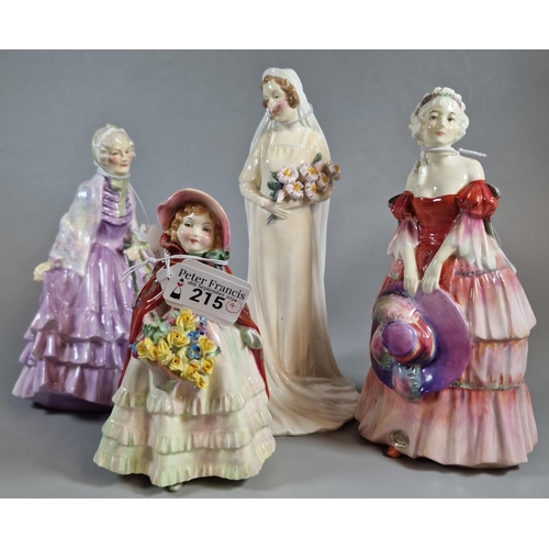 215 - Four Royal Doulton bone china figurines to include: 'Gentlewoman' HN1632, 'The Bride' HN1762, 'Veron... 