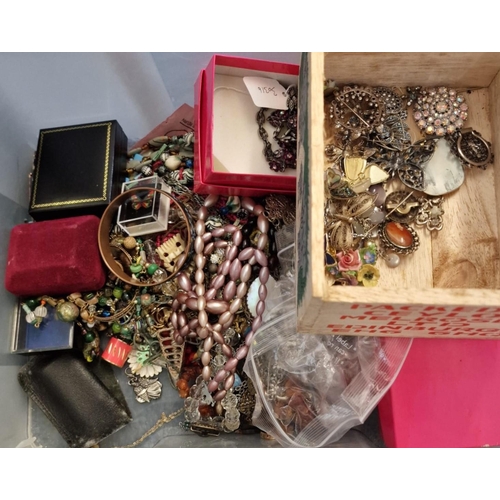 242 - Plastic box of mainly costume jewellery, various to include; brooches, necklaces, bangles, pendants ... 