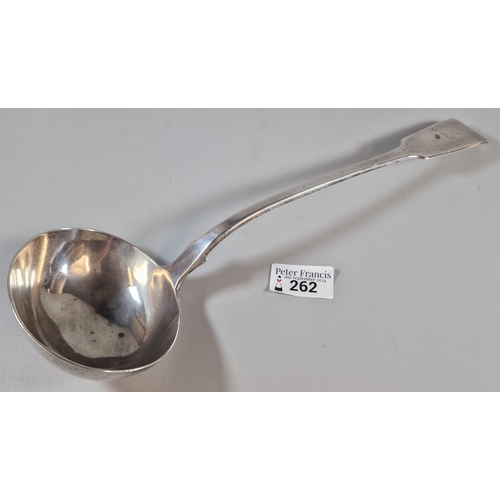 262 - 19th century silver ladle with engraved crest of a dog, indistinct London hallmarks. 8.3 troy oz app... 