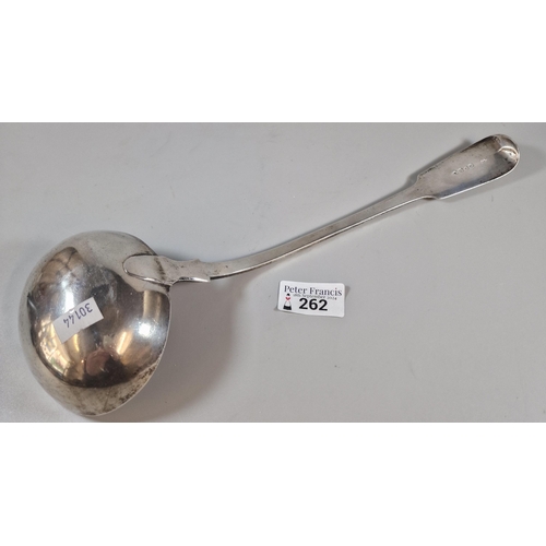 262 - 19th century silver ladle with engraved crest of a dog, indistinct London hallmarks. 8.3 troy oz app... 