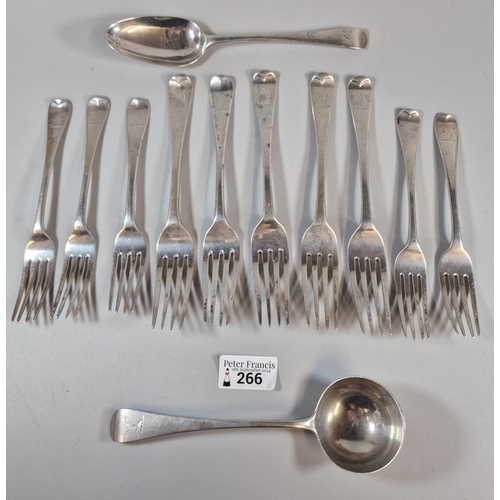 266 - Collection of mainly 19th century silver flatware to include: spoons, forks and a ladle, each having... 