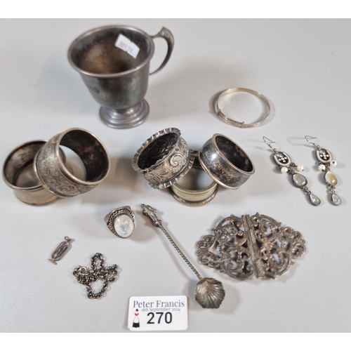 270 - Collection of silver, silver plate and other items to include: baby's bangle, moonstone dress ring, ... 