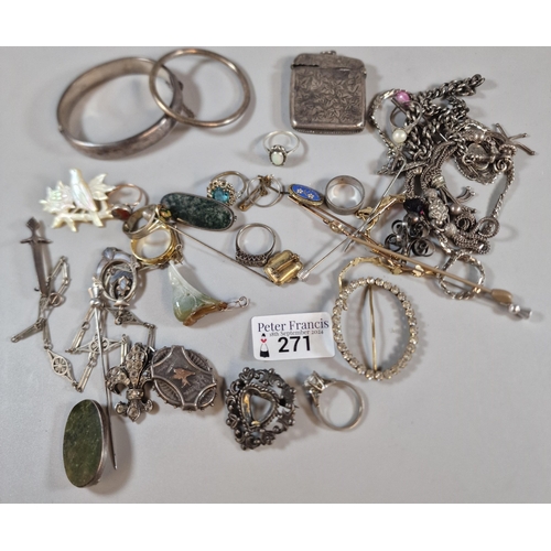 271 - Plastic tub of assorted silver and other items to include: engraved vesta case, bangles, Victorian b... 