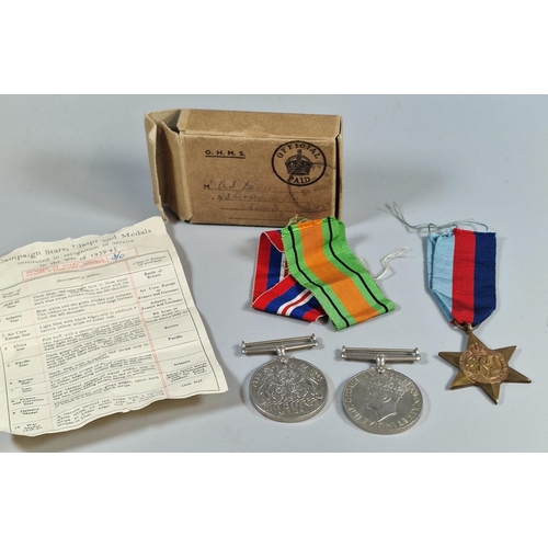 293 - WWII medal group of three to include: 39-45 War Medal, 1939-45 Star and Defence Medal, un-named. In ... 