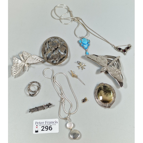 296 - Collection of silver and white metal jewellery to include: blue enamel pendant on chain, Art Nouveau... 