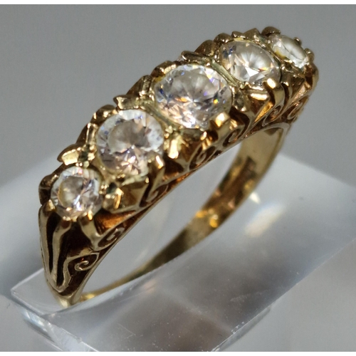 297 - 9ct gold and cubic zirconia five stone dress ring. 4g approx. Size P. (B.P. 21% + VAT)