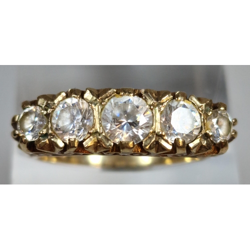 297 - 9ct gold and cubic zirconia five stone dress ring. 4g approx. Size P. (B.P. 21% + VAT)