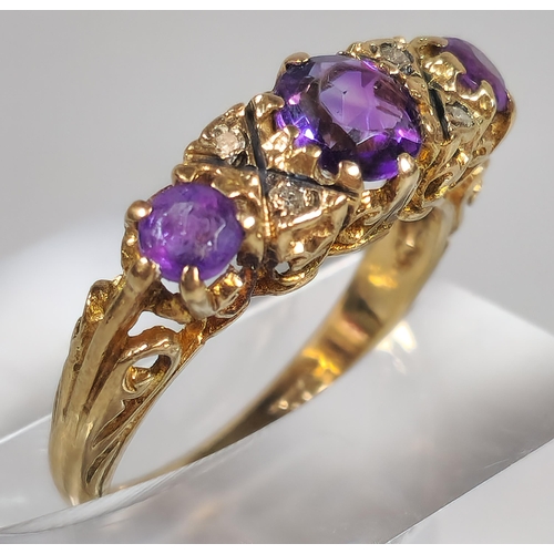 298 - 9ct gold purple stone dress ring with tiny diamond chips. 2.7g approx. Size L1/2. (B.P. 21% + VAT)