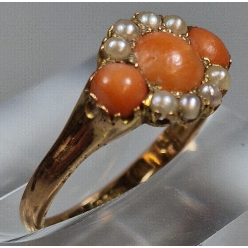 305 - 15ct gold coral and seed pearl ring. 2.1g approx. Size M. (B.P. 21% + VAT)