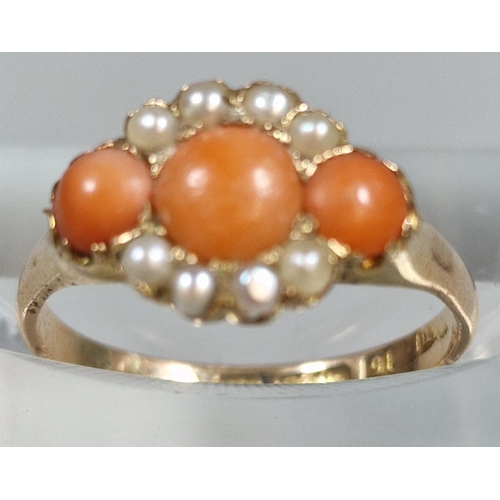 305 - 15ct gold coral and seed pearl ring. 2.1g approx. Size M. (B.P. 21% + VAT)