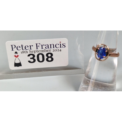 308 - 9ct gold and blue stone dress ring. 1.3g approx. Size I. (B.P. 21% + VAT)