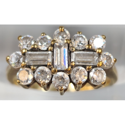 309 - 9ct gold multi-cluster clear stone dress ring. 2.8g approx. Size J. (B.P. 21% + VAT)