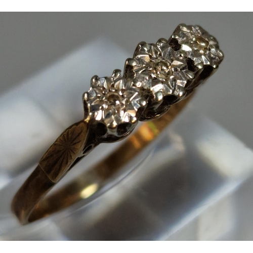 312 - 9ct gold three stone diamond ring. 2.9g approx. size Q1/2. (B.P. 21% + VAT)