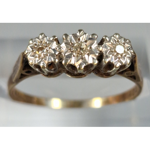 312 - 9ct gold three stone diamond ring. 2.9g approx. size Q1/2. (B.P. 21% + VAT)